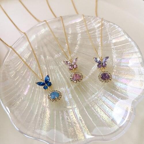 Korean Elegant Sweet Butterfly Crystal Choker Necklace For Women Colorful Round Short Pendant Collares Clavicle Chain Jewelry