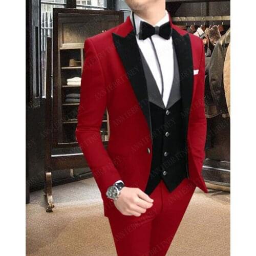 ANNIEBRITNEY Men Velvet Vest Suits Red Wedding Groom Tuxedo For Men Suits Custom Plus Size Prom Best Man Wear Blazer 3 Pieces