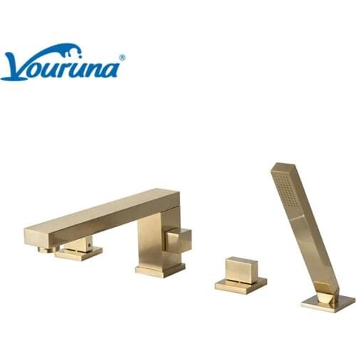 Square Style Brushed Golden 4 Hole Roman Tub Filler Trim Bathtub Shower Mixer Faucet Chrome/Black