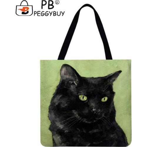 Fashion Flowers Landscape Horse Black Cat Printed Shoulder Shopping Tote Bag Casual Women Large Capacity Linen Storage Handbags