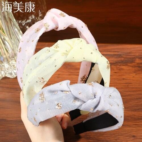 Haimeikang New Solid Color Headband Knot Hair Hoop for Women Simple Gauze Fabric Cross Small Sequins Girls Hairband Accessories