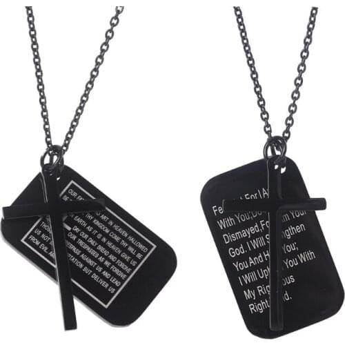 Stainless Steel Carved Bible Verse Label Necklace Christian Faith Religious Prayer Cross Pendant Jewelry for Teenagers N2UE