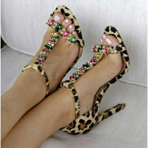 Sexy leopard T-strap rhinestone high heel women sandals wedding party dress shoes woman size 34 - 42 free shipping stiletto