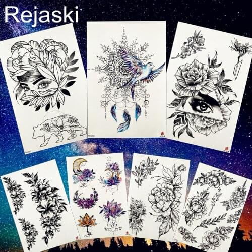 REJASKI Pendant Bird Henna Feather Flower Girl Temporary Tattoo Sticker Geometric Triangle Tattoos Draw Black Tatoo Moon Art