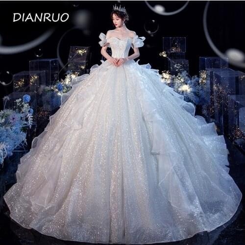 Princess Off The Shoulder Wedding Dresses For Bride Short Sleeves Fluffy Tulle Ball Gown Vestido de noiva Custom Royal Prom A014