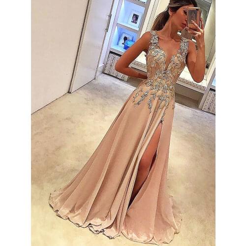 Champagne Evening Dresses Applique Sleeveless Sweep/Brush Party Dresses Floor length V-Neck A-line Exquisite Party Gowns