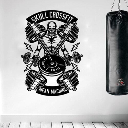 GYM LOGO Decor Skull Crossfit Fitness Dumbbells Wall Sticker Gym Fitness Motiational Quote Exercise Wall Decal Vinyl Decor F1541