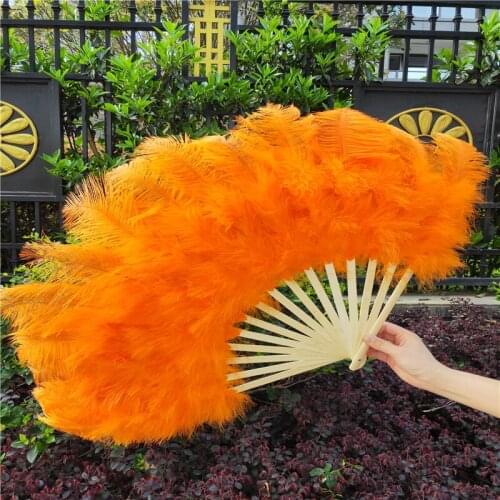 YY-tesco 1pcs/lot High Quality Orange Ostrich Feathers Fan Celebration Party Wedding Dance Performance Props 15 Bone Feather Fan