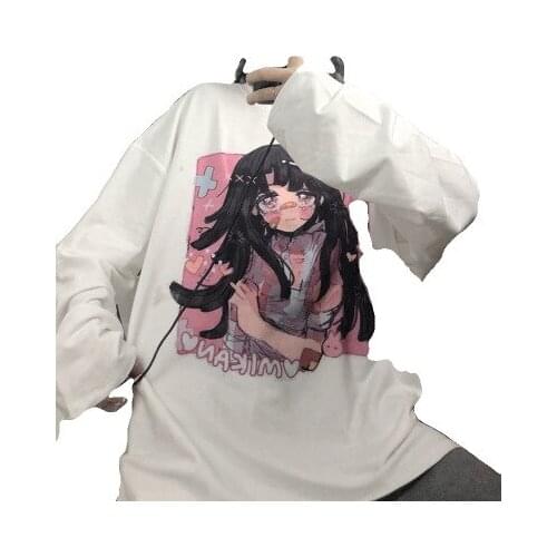 Ins Cartoon Printed Goth Tshirt Preppy Long Sleeve Autumn Women Tops Korean Style T-shirt Punk Tees