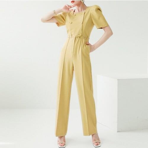 Summer Elegant Temperament Jumpsuits Women Short Sleeve Slim Wide Leg Pants Rompers Double Breasted Professional Overalls