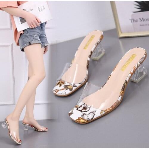 Transparent Crystal Shoes Woman Slides Mules 2020 New Summer Thick High Heels Sexy Ladies Shoes Plus Size Floral Women Shoes