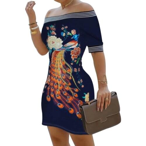 2021 Women Summer Dress Print Bodycon Off Shoulder Bird Pattern Striped Tape Splicing Mini Package Hip Dress