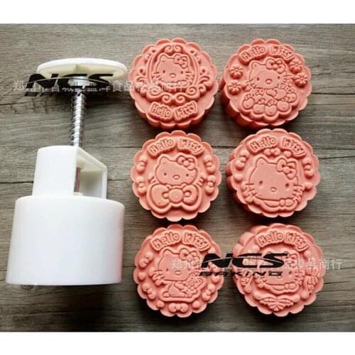 125g round shape cartoon design Mooncake mung bean cake Molds mould with 6 Stamps plastic hand pressure , 50sets/lot