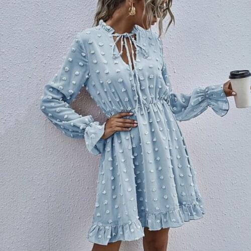 2021 Autumn Women Pink Dress Ladies Applique Chiffon Shirt Dress Women Ruffled Neck Long Sleeve High Waist Mini Dress Vestidos
