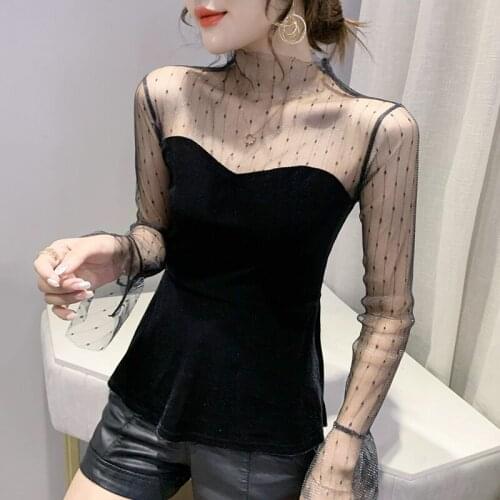 #8630 Fleece Spliced Gauze Long Sleeve T Shirt Women Sexy Basic T Shirt Female Thin Casual Skinny T Shirt For Girl Korean Style