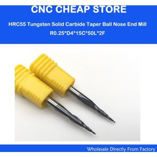 Free shipping-2PCS R0.25*D4*15*50L*2F HRC55 Tungsten solid carbide Coated Tapered Ball Nose End Mills taper and cone endmills