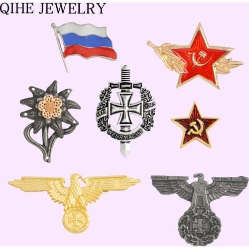WWII WW2 Brooches German Military Eagle Pin Flag of Russia USSR Red Star Ename Pin Metal Badge Jewelry Gift for Men Wholesale