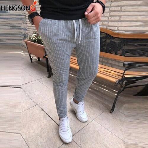 Vertical Stripe Pant Men Elastic Waist Pocket OL Style Work Trouser Spring Autumn String Waist Long Pencil Pant Plus Size