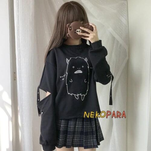 Black Monster Cute Womens Winter Sweatshirt Hollow Out Sleeve Long Sleeve Hoodies Punk Rock Pullover Color Black