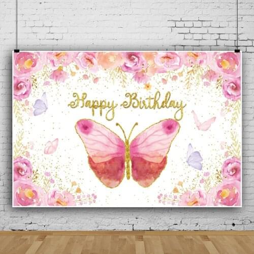 Laeacco Pink Butterfly Gold Letter Girls Happy Birthday Party Background Flower Pattern Baby Portrait Customized Banner Backdrop