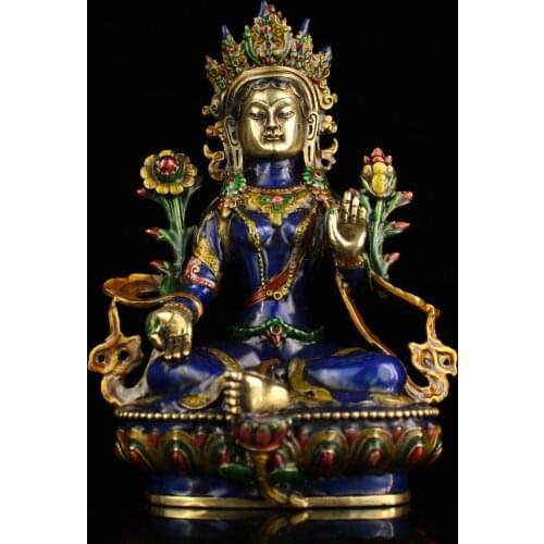 8"Tibetan Temple Collection Old Bronze Cloisonne Green Tara Bodhisattva Sitting Buddha Tibetan Buddha Ornaments Town House