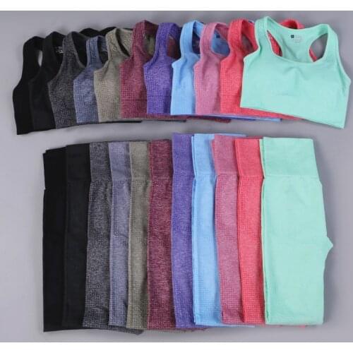 2PCS Yoga Sets Seamless Leggings Bra Long Sleeves Shirt Crop Top Women Running Gym Sportswear High Waist Fitness Sports Bra Pant