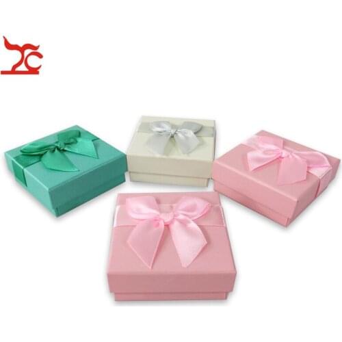 20Pcs/lot Pink Paper Jewelry Box Green White Earring Necklace Storage Organizer Gift Ribbon Ring Box 7.5*7.5*3cm Wholesale