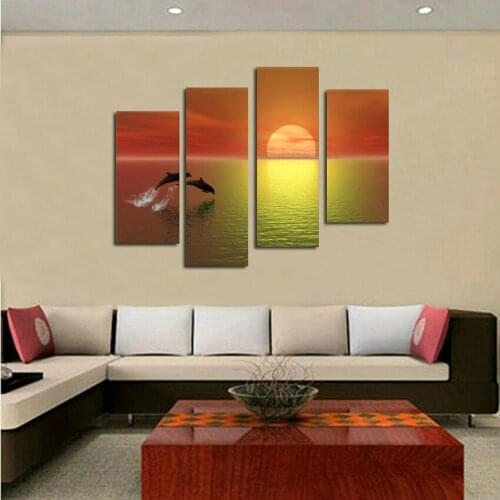 Beautiful sunset sailboat scenery oil painting 4 Pieces modern fashion HD print landscape oil painting wall art pictures