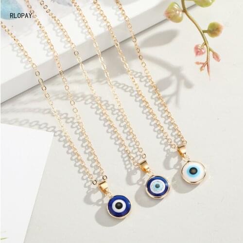 Round Shape Blue Eye Pendant Necklace In Gold O Chain Evil Eye Turkish Lucky Jewelry Necklaces Crystal Choker Necklace