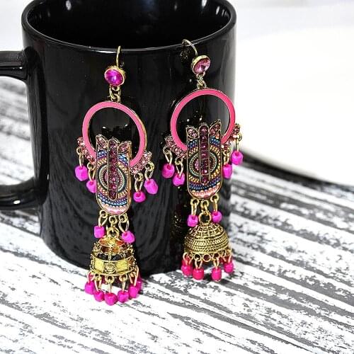 New Ethnic Indian Vintage Womens Colorful Geometric Turkish Jhumka Earrings Indian Bell Tassel Dangling Earrings Turkey Jewelry