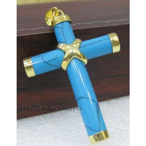 Charming!Blue Turkey Turquoise Cross Pendant Necklace AAA