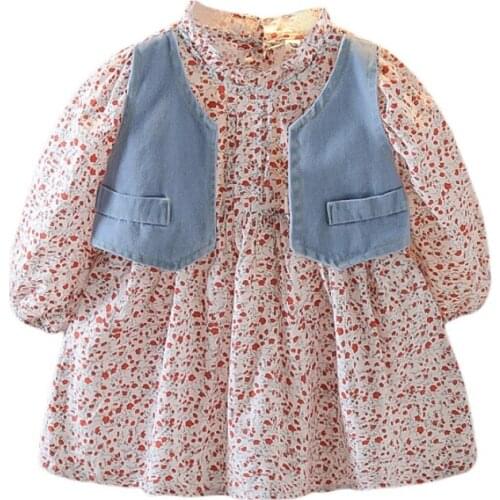Autumn Baby Girls Dress Princess Casual Shirt Dress + Denim Waistcoat Long Sleeve Princess Dress