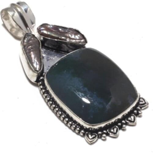 Bloodstone + Biwa Pearls Pendant Silver Overlay over Copper , 60 mm , P7436