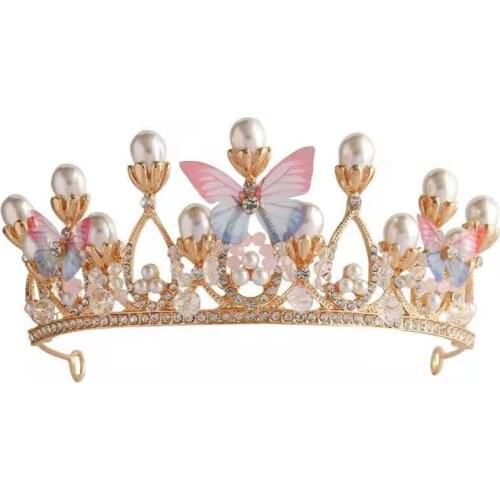 D0LF Princess Crown Rhinestone Headband Crystal Butterfly Hair Hoop Vintage Hairband for Kids Stage Performance Costume