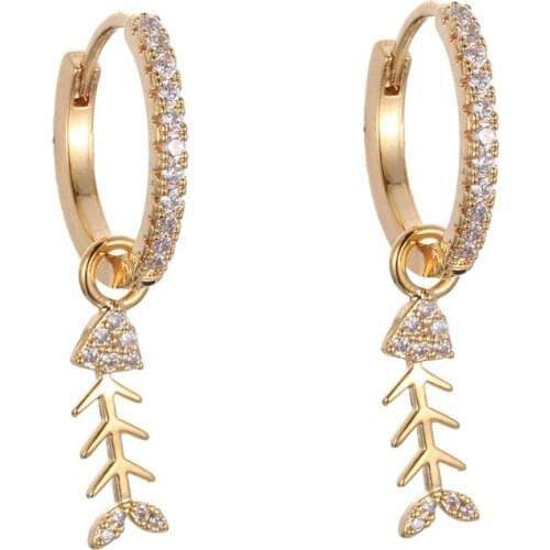 Fish Bone Shape Earrings Women Drop Earrings Inlaid Cubic Zirconia Jewelry Simple Classic Charm Three Color Earrings Accessories