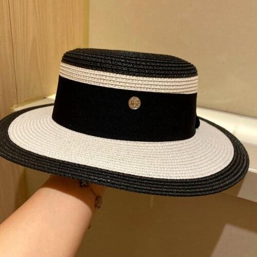 Summer Elegant Retro Women Flat Top Straw Hat Trip Caps Leisure Beach Sun Hats M Letter Breathable Flower Beach Hat