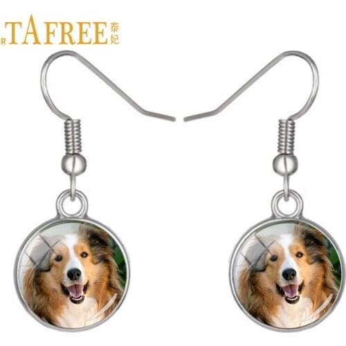 TAFREE cute dog silver color dangle pendant earrings long haired collie corgi English sheepdog sheltie drop earring jewelry DG34