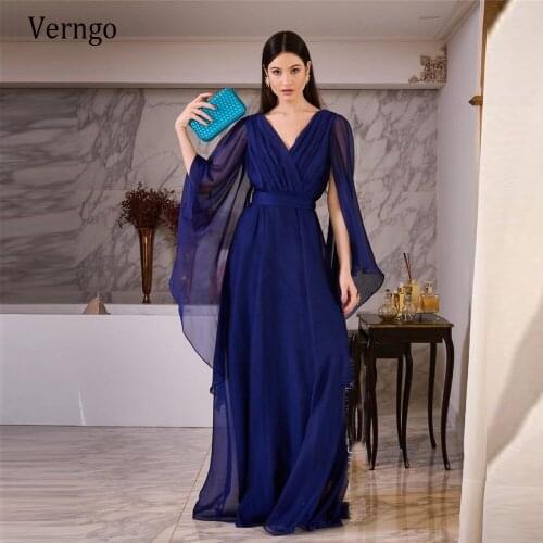 Verngo 2021 Navy Blue A Line Chiffon Evening Dresses Long Sleeves V Neck Floor Length Prom Gowns Women Simple Formal Party Dress