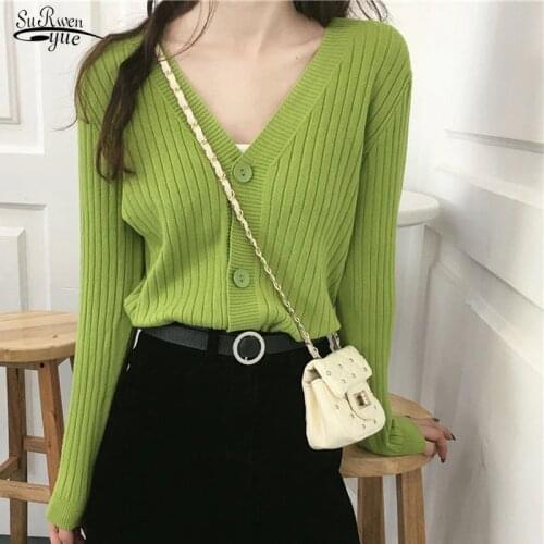 Knit Loose Autumn Women Sweater Long Sleeve V-neck Solid Sweater Sweet Cardigan Single-Breasted Korean Office Lady Clothes 10330