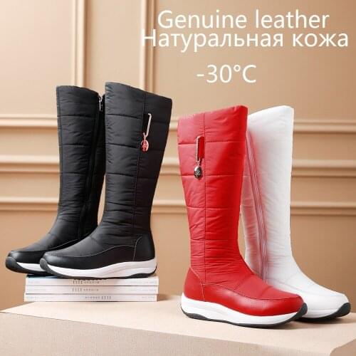 Fashion Women Winter Leather Wedges Knee Boots Waterproof Zipper Snow Boots Ladies Warm Footwear Platform Shoes Black Red White