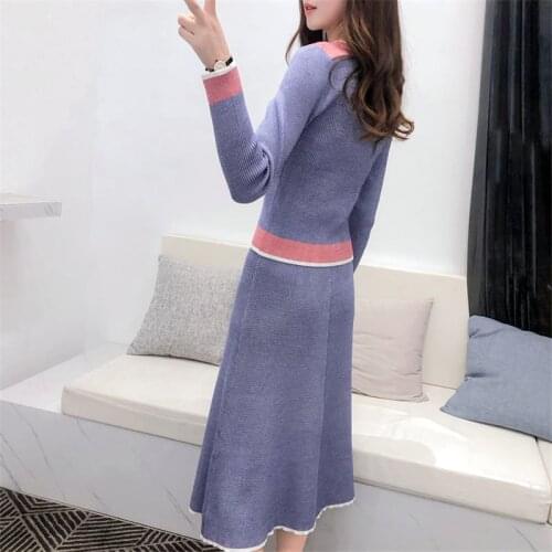 Autumn Winter Women Knitted Two Pieces Set Patchwork Pullover Sweater And Slim Skirt Suit Female Tricot Bodycon Conjunto K411