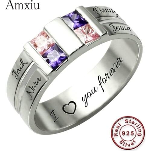 Amxiu Customize Four Names Rings Large Wide Ring Personalized 925 Silver Cubic Zircon Rings For Women Mothers Gift Accessories