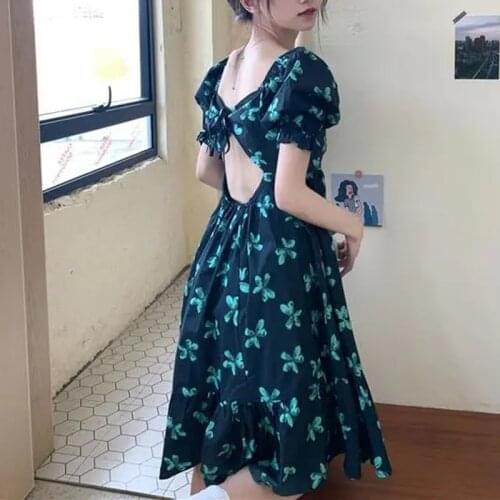 Women Summer Casual Floral Print Backless Dress Vintage Puff Sleeve Square Collar Korean A-line Fairy Boho Vestidos