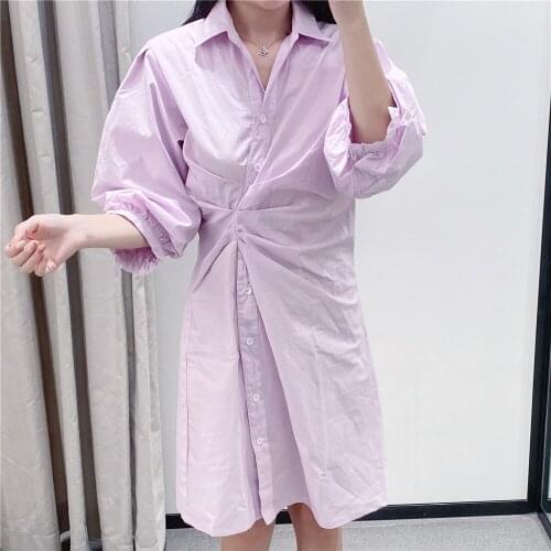 2021 summer womens new lapel short-sleeved design shirt-style pleated waist and thin temperament knee-length dress