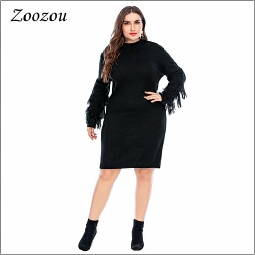 Plus Size 4XL Bodycon Knit Sweater Dress For Women Solid Tassel Long Sleeve Dress Female O Neck Fall Winter Slim casual Dress