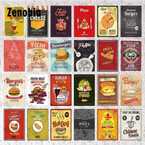 Pizza Tin Sign Vintage Metal Sign Plaque Metal Vintage Hamburger Wall Decor for Kitchen Cafe Restraunt Fast Food Shop Metal Sign