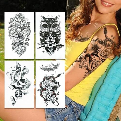 Snake Skeleton Fake Temporary Tattoos For Women Men Death Skull Daisy Tattoo Creative Owl Gangster Hand Waist Waterproof Tatoos