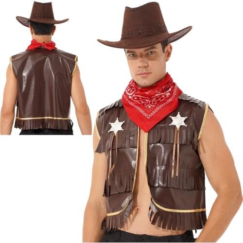 3Pcs Mens Western Cowboy Costume Halloween Cosplay Fancy Dress Party Handsome Cowboy Costume Hat PU Leather Vest Scarf Suit
