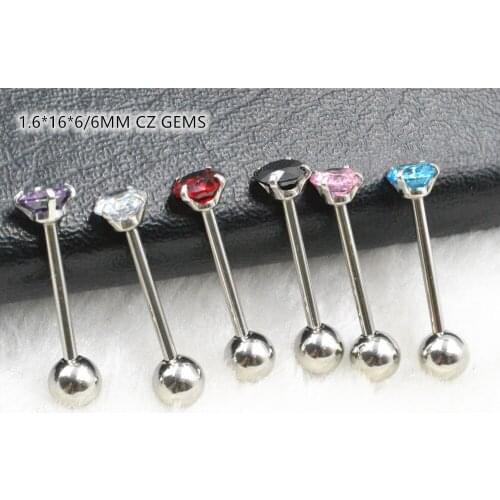 50pcs Body Jewelry Tongue/ Nipple Shield Ring Barbells Straight Bar 14G Shine CZ Gems Body Piercing Jewelry 1.6*16*6/6mm
