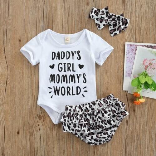 Newborn Baby Girls Clothes 3Pcs Summer Outfits, Short Sleeve Letter Print Romper + Leopard Print Bloomers + Headband Set